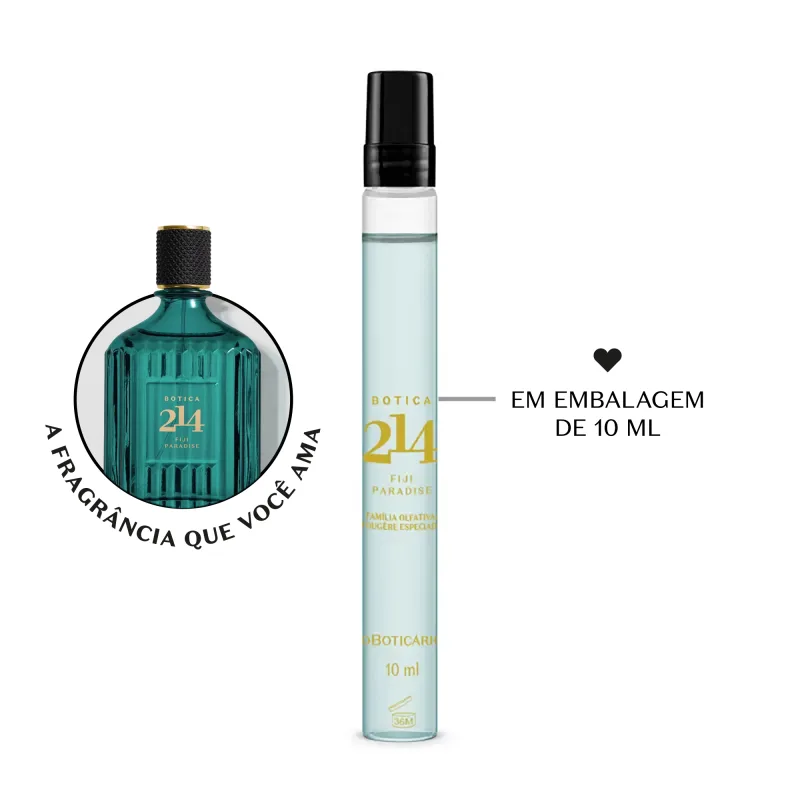 Vidro cilíndrico transparente com líquido azul, tampa preta e letras douradas contendo 10ml de Eau de Parfum masculino Fougére Especiado da marca Botica 214 Fiji Paradise. Ao lado, um vidro verde com tampa preta e letras douradas da mesma fragrância.