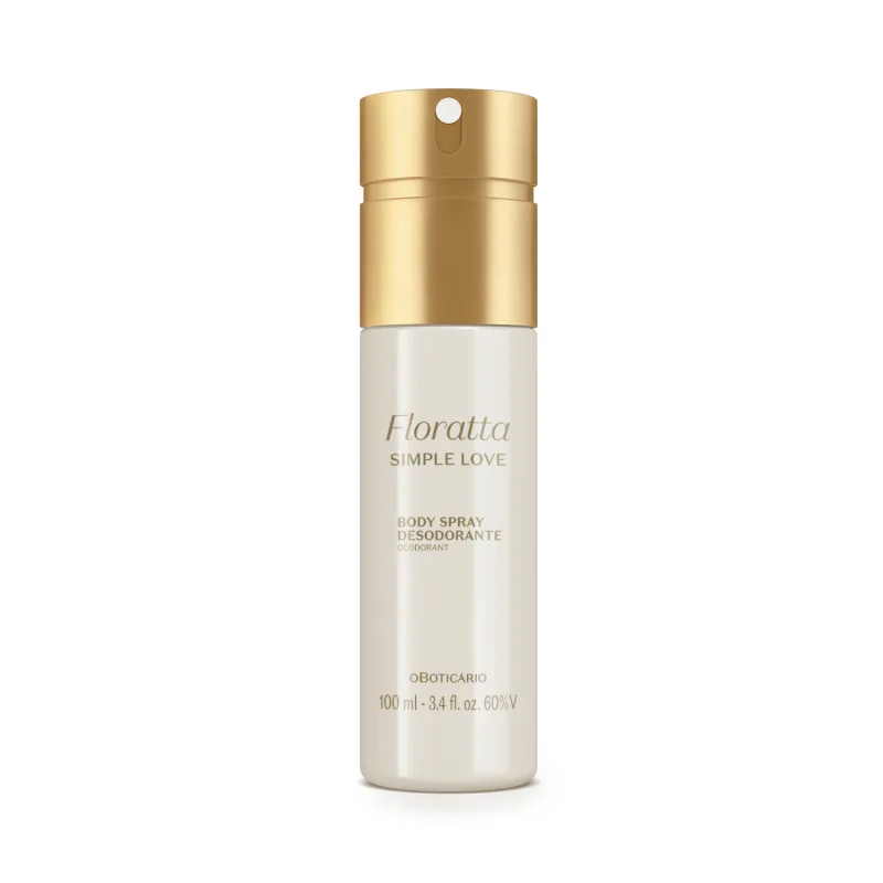 Frasco branco com tampa e letras douradas contendo 100ml de body spray Floratta Simple Love.