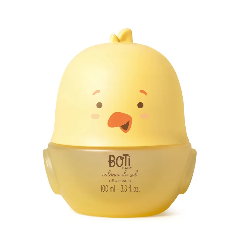 Frasco em formato de passarinho amarelo com parte superior na cor bege escuro e detalhes laranjas contendo 100ml de colônia do sol da marca Boti Baby.