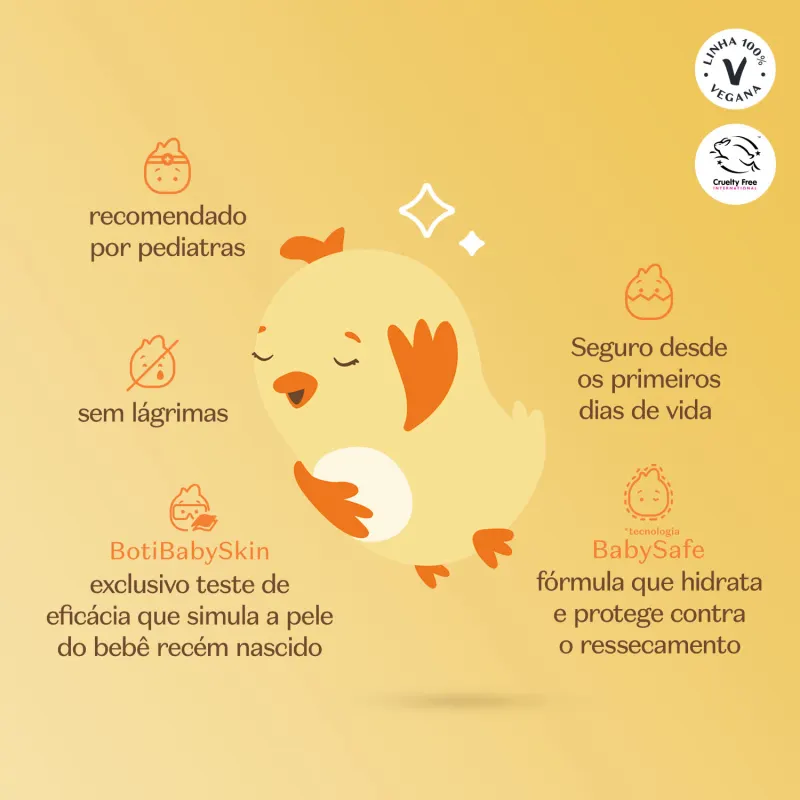 Fundo laranja com ilustração de um passarinho amarelo com letras marrons informando as características do produto.