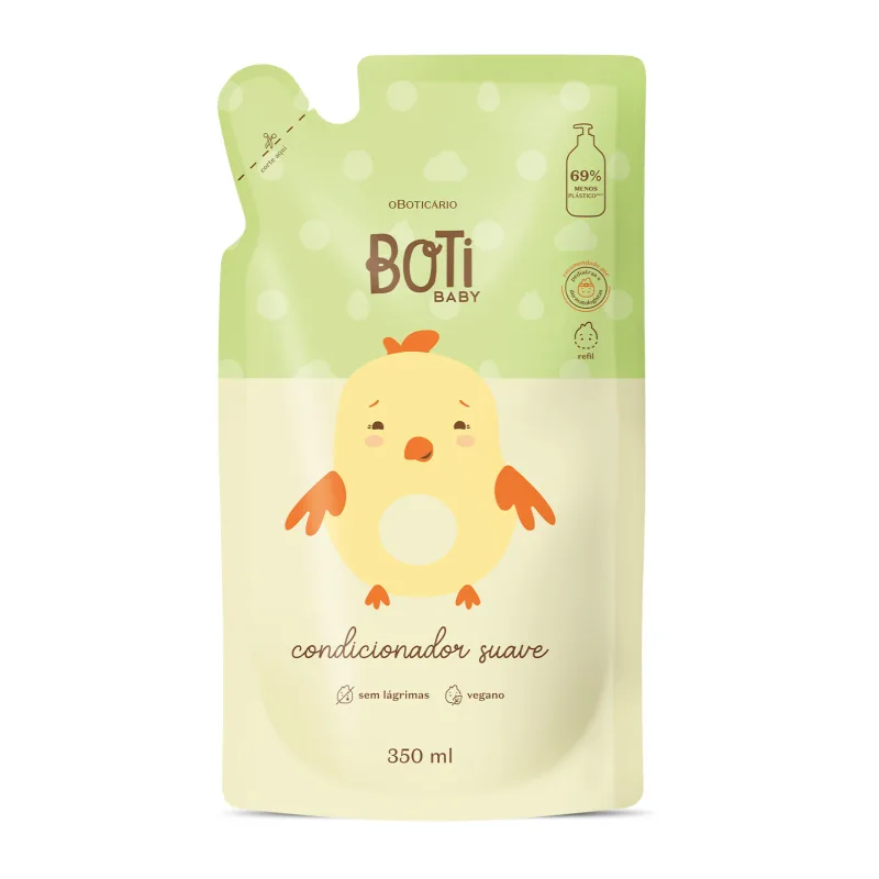 Refil de condicionador suave da marca Boti Baby em forma de sachê nas cores rosa e amarelo claro com ilustração de passarinho amarelo com detalhes laranjas.