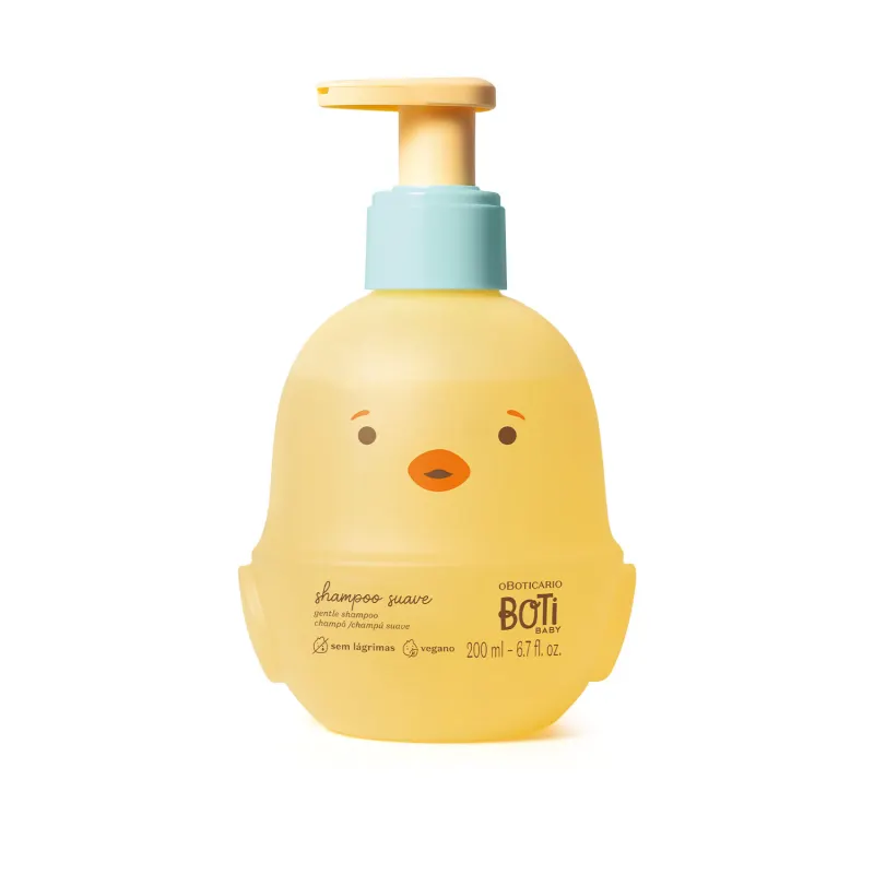 Frasco em forma de passarinho amarelo com detalhes laranjas, tampa azul e bomba dosadora amarela contendo 200ml de shampoo suave da marca Boti Baby.