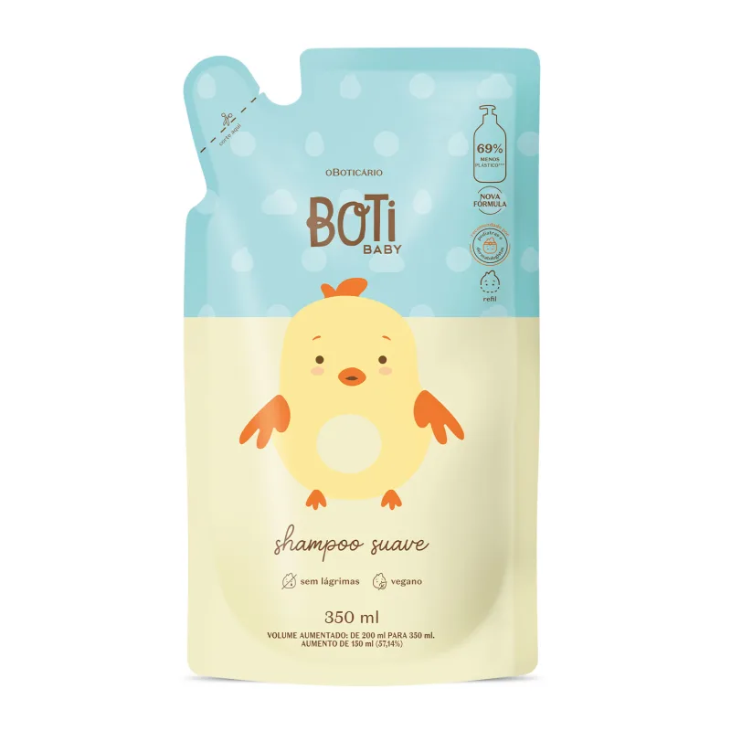 Refil de shampoo suave da marca Boti Baby em sachê de 350ml nas cores azul e amarelo claro com ilustração de passarinho amarelo.