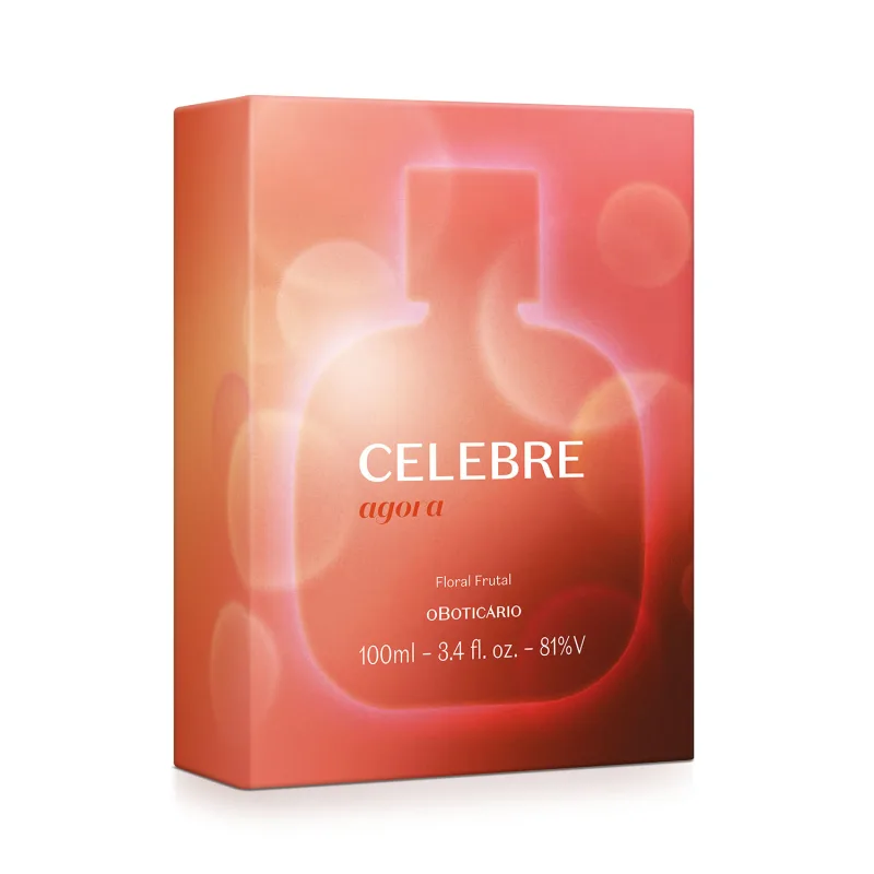 Caixa laranja mostrando a silhueta do item de perfumaria com um contorno iluminado e flashes brancos contendo um vidro de 100ml de desodorante colônia Celebre Agora Feminino.
