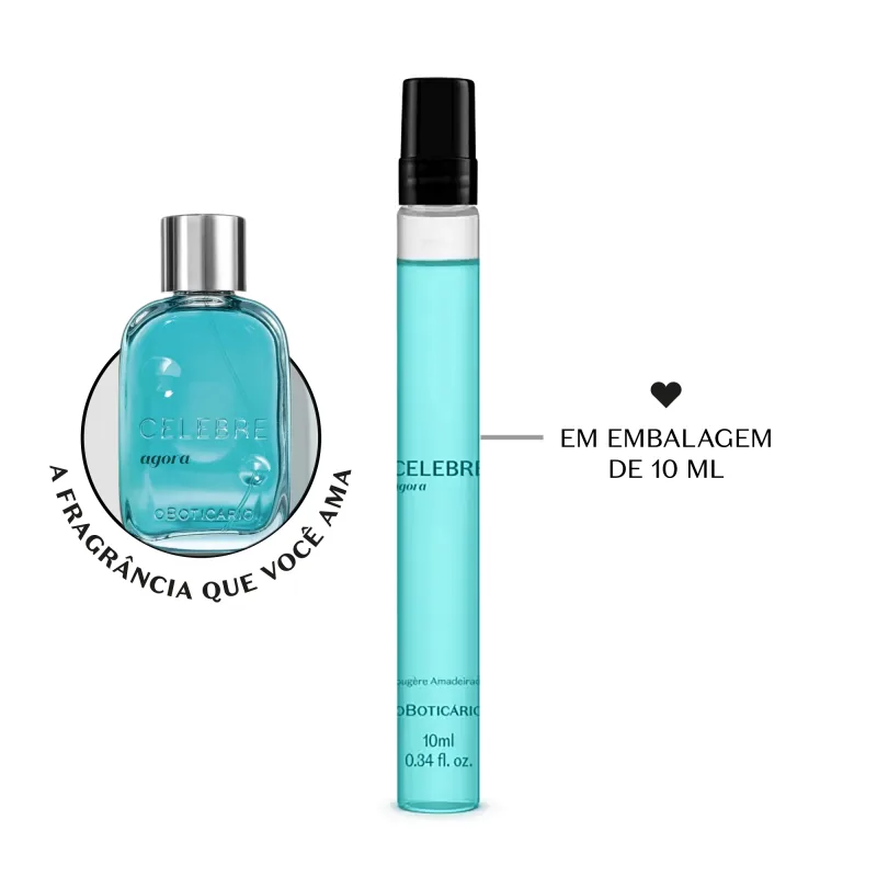 Frasco cilíndrico transparente com líquido azul, tampa e letras pretas, contendo 10ml de desodorante colônia Celebre Agora Masculino. Ao lado, em um círculo, é possível ver a embalagem original do produto em vidro com líquido azul e tampa prateada.