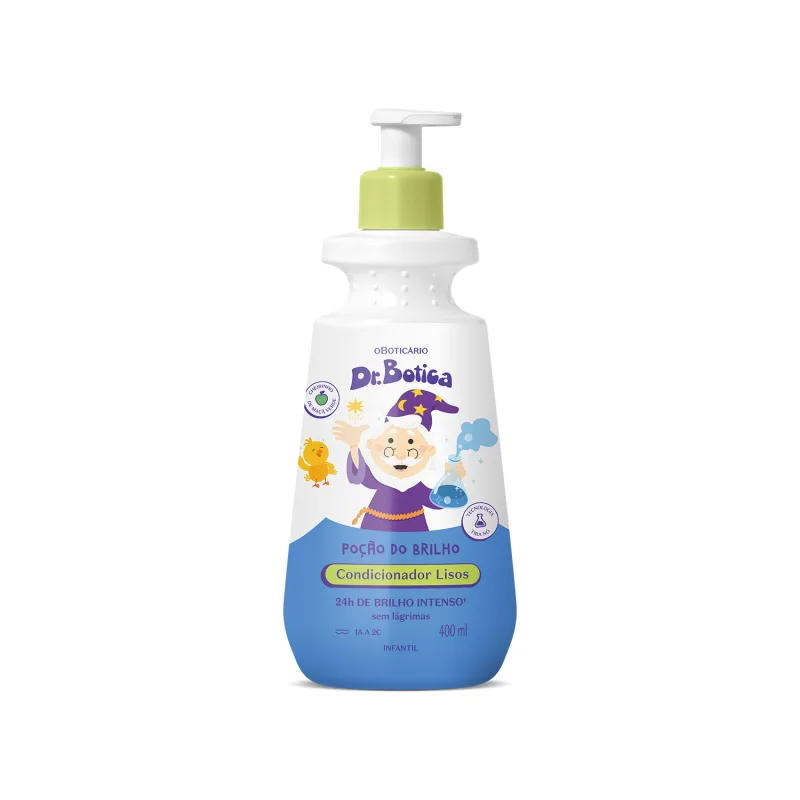 Imagem de frasco branco com bomba doseadora amarela e rótulo azul com ilustrações de personagens da marca Dr. Botica, contendo 400ml de condicionador infantil para cabelos lisos.