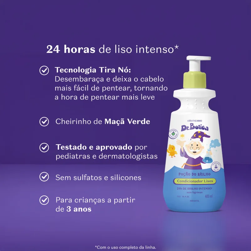 Imagem de uma embalagem branca e azul com válvula dosadora amarela de condicionador infantil para cabelos lisos da marca Dr. Botica em fundo azul escuro com letras brancas contando os benefícios do produto.