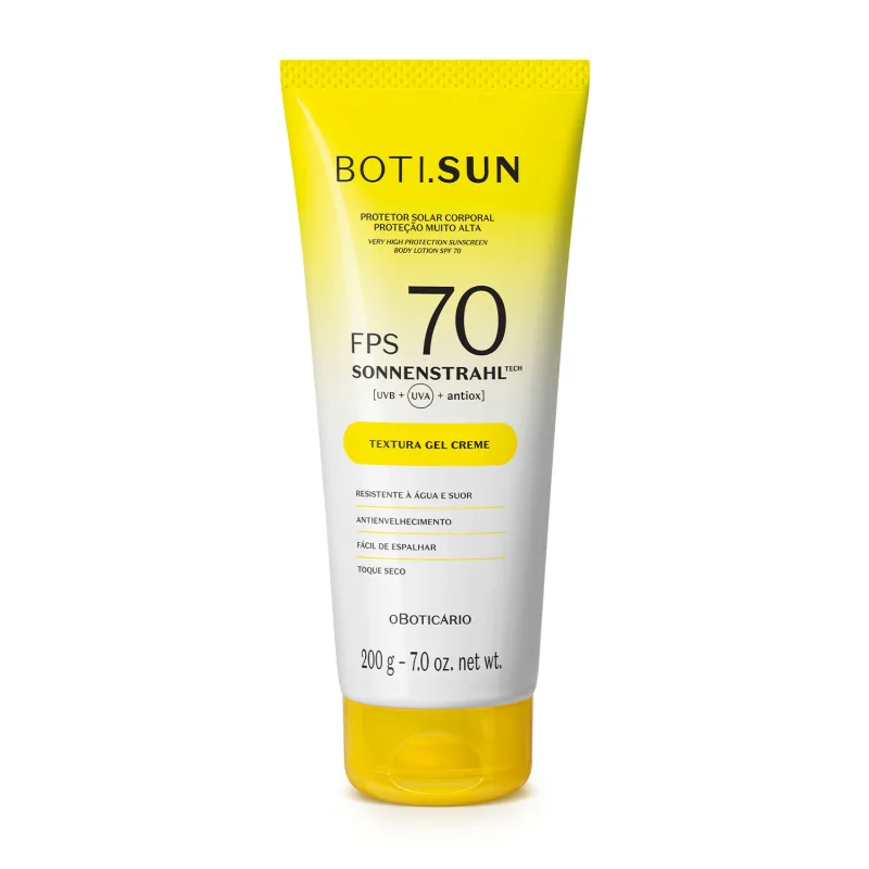 Bisnaga amarela e branca com tampa amarela e letras pretas contendo 200g de protetor solar corporal FPS 70 da marca Boti.Sun.