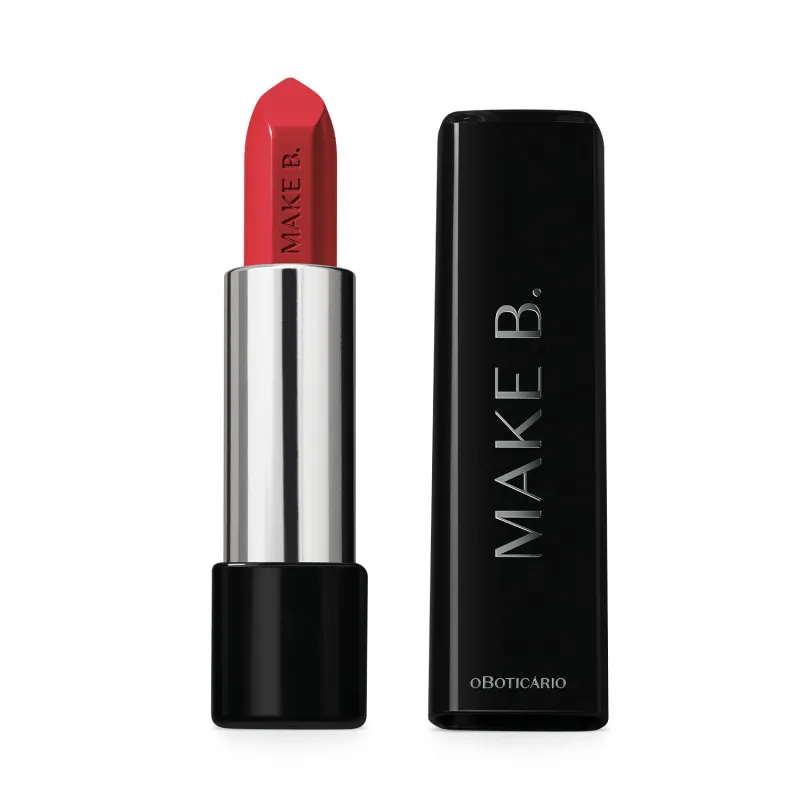 Batom glossy na cor Vermelho Raspyberry da marca Make B. em embalagem prata e preta com tampa preta e letras prateadas.