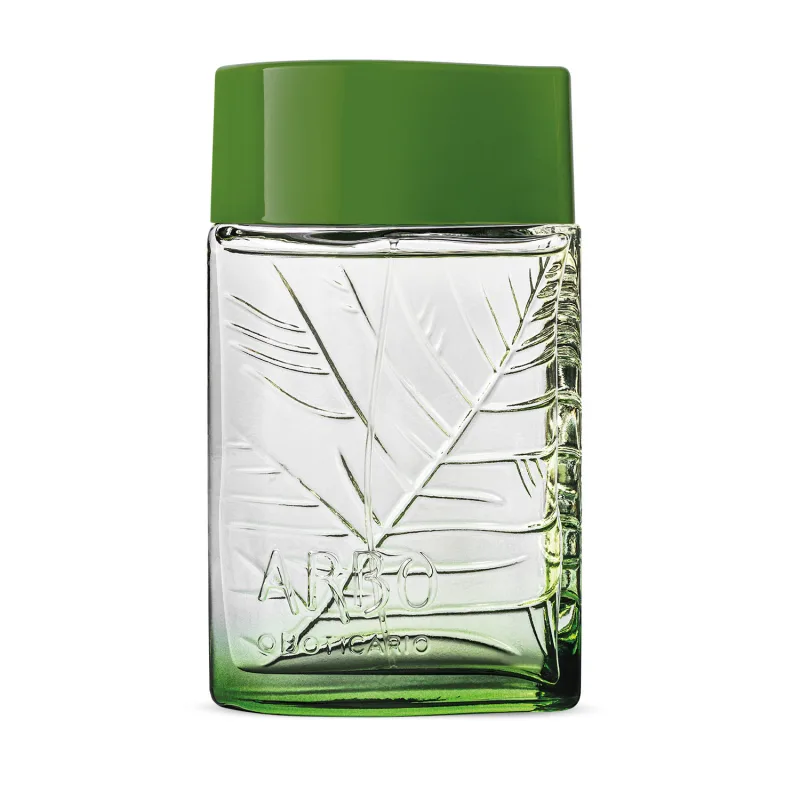 Frasco verde transparente com líquido claro, folhagens em relevo e tampa verde escuro contendo 100ml de desodorante colônia Arbo Puro.