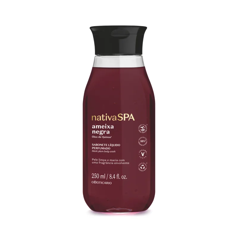 Sabonete líquido perfumado da linha Nativa SPA, com óleo de quinoa. Embalagem plástica transparente com tampa preta, contendo 250 ml do produto de cor vinho. Também apresenta selos indicando vegano e 98% de origem natural.