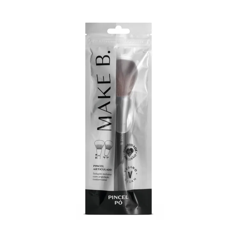 O produto é um pincel de maquiagem articulado da marca Make B. Vem embalado em uma embalagem plástica cinza e preta.