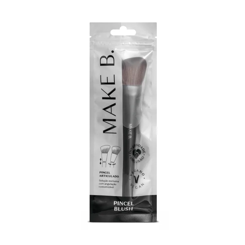 O produto é um pincel de maquiagem articulado da marca Make B. Vem embalado em uma embalagem plástica cinza e preta.