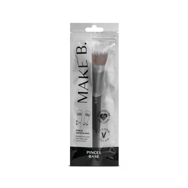 O produto é um pincel de maquiagem articulado da marca Make B. Vem embalado em uma embalagem plástica cinza e preta.