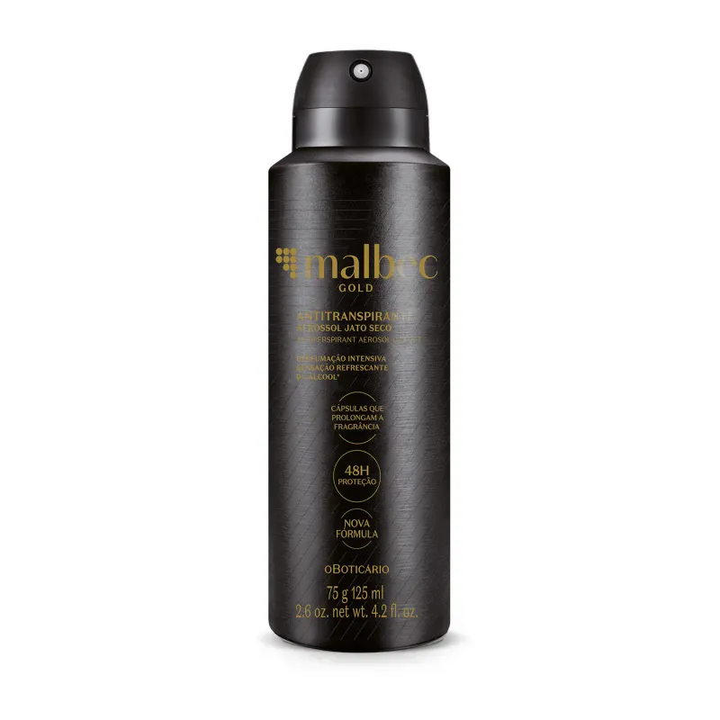 Imagem de um frasco preto de desodorante antitranspirante aerossol da marca Malbec Gold, com rótulo em dourado, contendo i75g/125ml de produto.