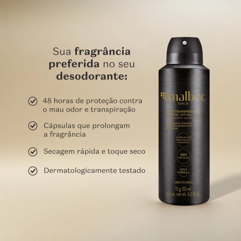 Imagem de um frasco preto de desodorante antitranspirante aerossol da marca Malbec Gold, com rótulo em dourado em fundo neutro. Traz ainda informações sobre o produto e os seus benefícios.