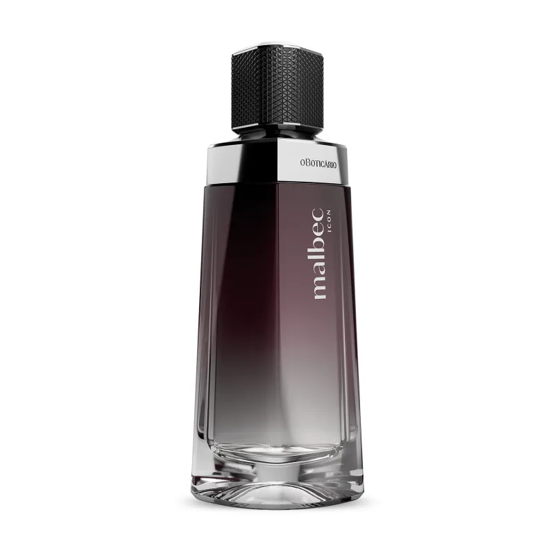 A embalagem tem um design moderno e elegante. O topo metálico preto texturizado traz um padrão geométrico sofisticado. A frente do frasco apresenta o nome da fragrância "Malbec" em letras minúsculas, seguido do logotipo "O Boticário".