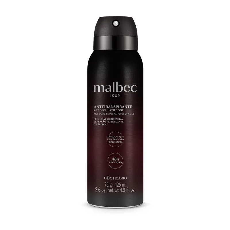 Frasco preto fosco com letras cinzas contendo 75g/125ml de antitranspirante aerossol jato seco da marca Malbec Icon.