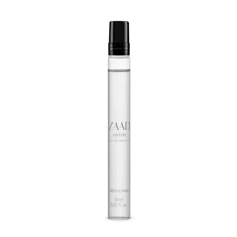 Frasco cilíndrico transparente com líquido azul claro, tampa preta e letras azuis contendo 10ml de Eau de Parfum Zaad Venture.