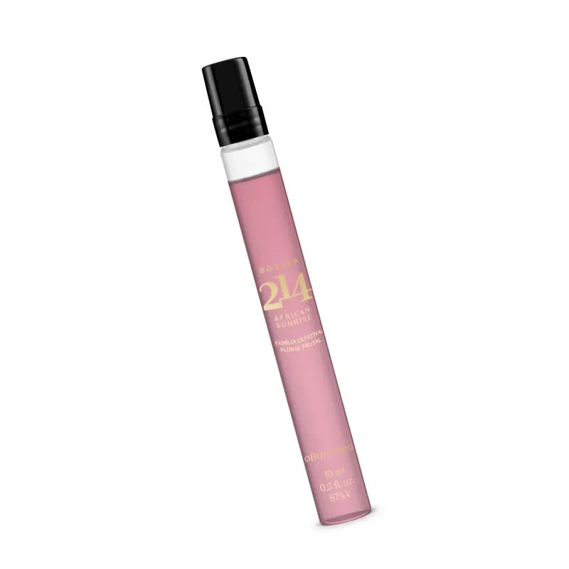 Frasco transparente de 10ml contendo líquido roso, tampa preta e letras douradas contendo Eau de Parfum feminino Botica 214 African Sunrise.