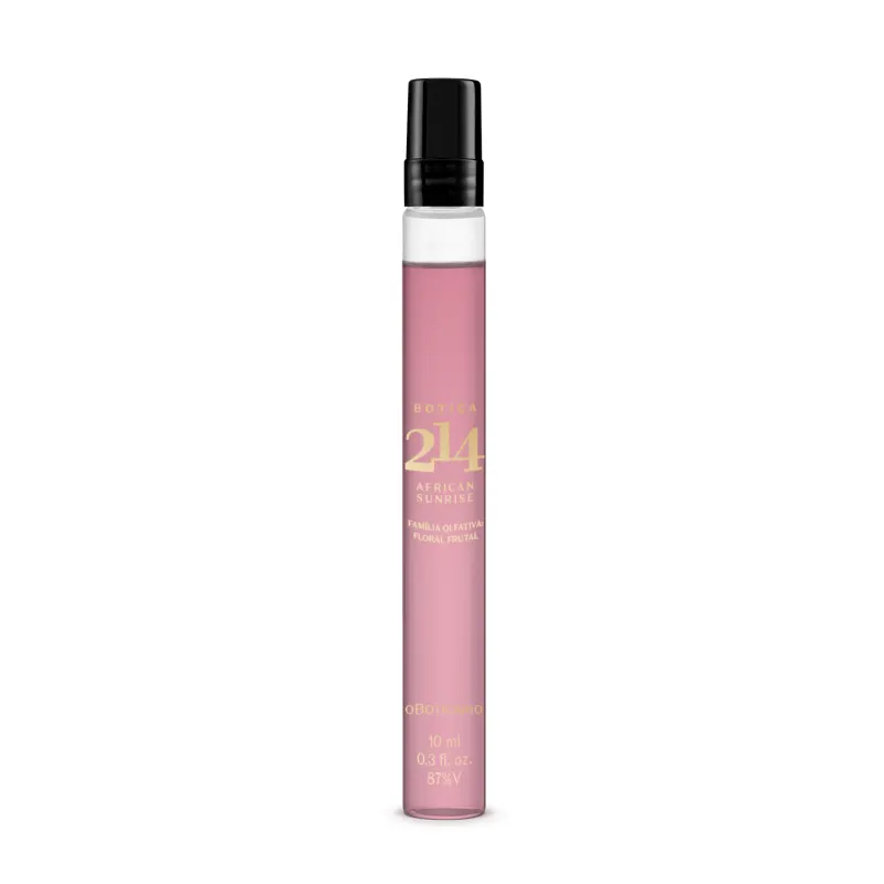 Frasco transparente de 10ml contendo líquido roso, tampa preta e letras douradas contendo Eau de Parfum feminino Botica 214 African Sunrise.