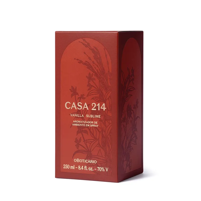 Caixa laranja escuro com letras douradas que contém um aromatizador de ambientes em spray da marca Casa 214 Vanilla Sublime.