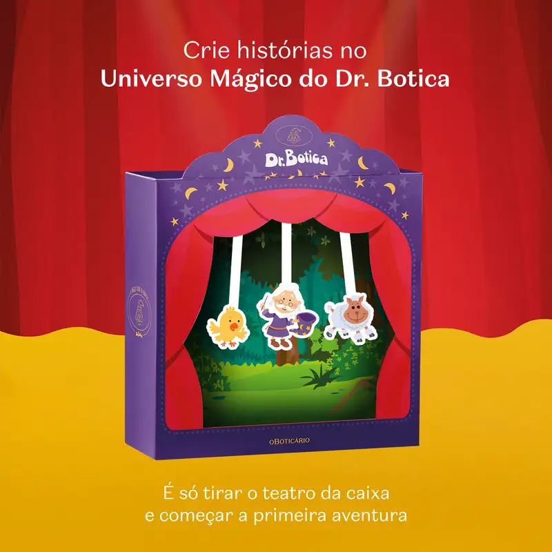 Caixa de presente que se transforma em um teatro de bonecos da marca Dr. Botica. A criança só precisa destacar os personagens da caixa e começar a primeira aventura, criando suas próprias histórias.