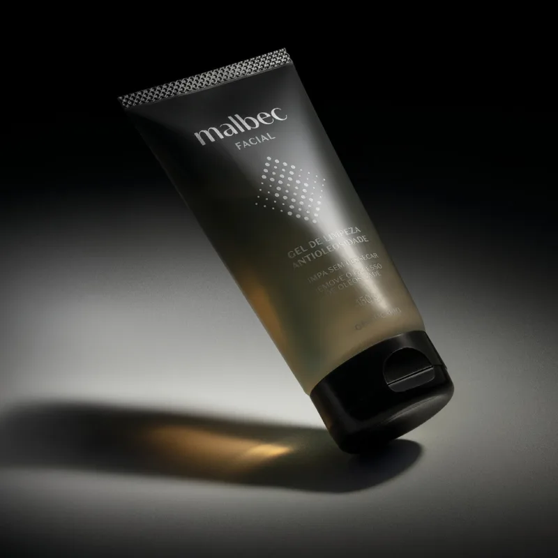 Frasco com degradê de preto e branco com tampa preta e rótulo com letras e detalhes brancos contendo 150g de gel de limpeza antioleosidade Malbec Facial em fundo escuro com pouca iluminação.