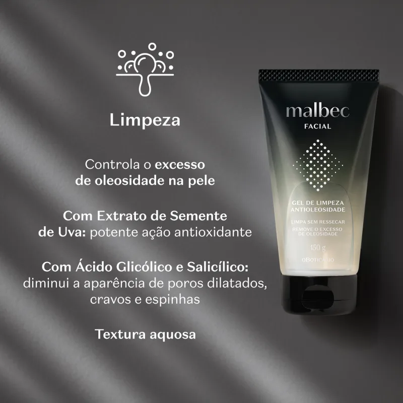 Frasco com degradê de preto e branco com tampa preta e rótulo com letras e detalhes brancos de gel de limpeza antioleosidade Malbec Facial em fundo preto ondulado e letras brancas informando os benefícios do produto.