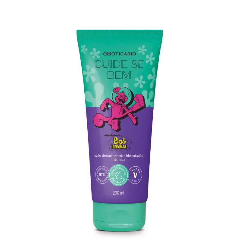 Bisnaga em tons de azul com ilustração da personagem Sandy Bochechas contendo 200ml de loção desodorante hidratante Cuide-se Bem Bob Esponja e Amigos.