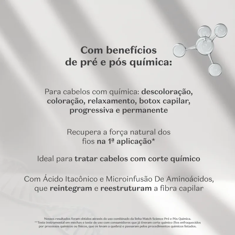 Fundo cinza com sombras onduladas e letras pretas informando os benefícios da linha pré e pós química.