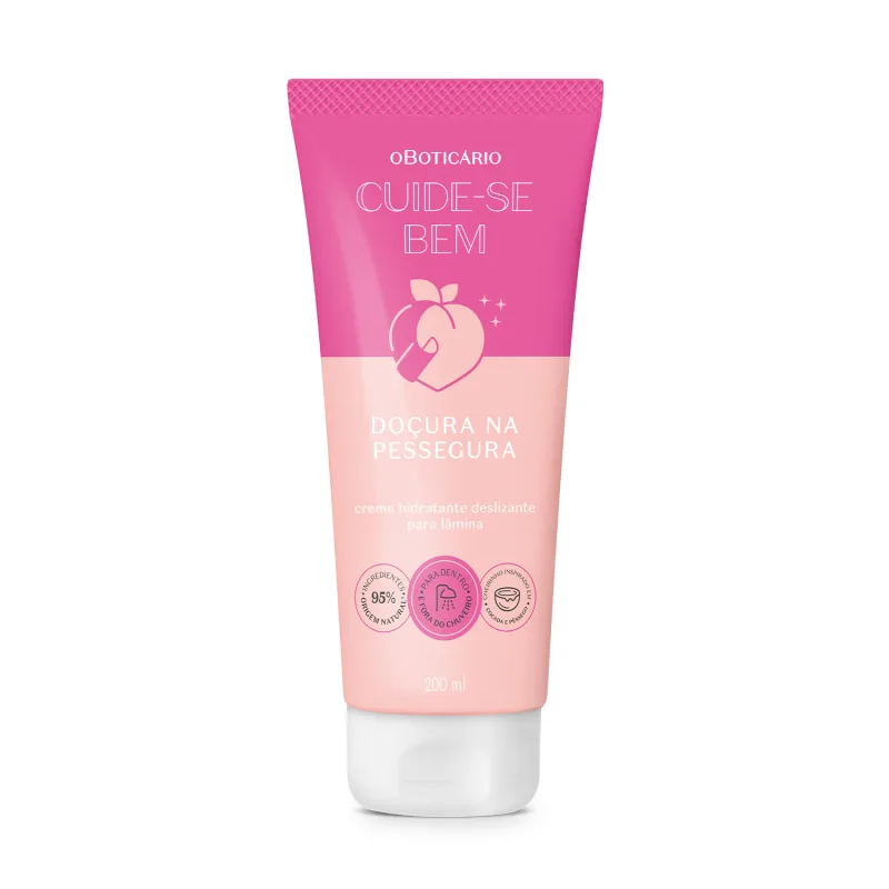 Bisnaga creme hidratante deslizante para a pele da marca Boticário, da linha Cuide-se Bem. A embalagem é bicolor de pink e rosa  contendo ilustração de pêssego, nome do produto "Doçura na Pessegura" e informações sobre sua composição e benefícios.