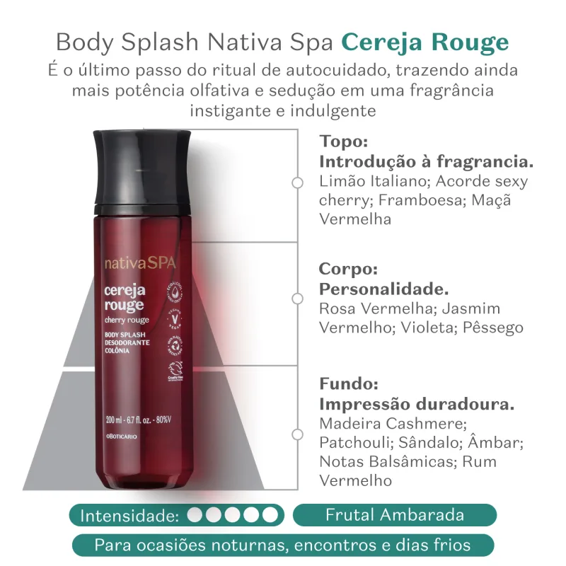 Frasco vermelho escuro com tampa preta e letras brancas e douradas contendo body splash Nativa SPA Cereja Rouge em fundo branco. Há letras verdes indicando informações sobre a fragrância e suas notas olfativas.