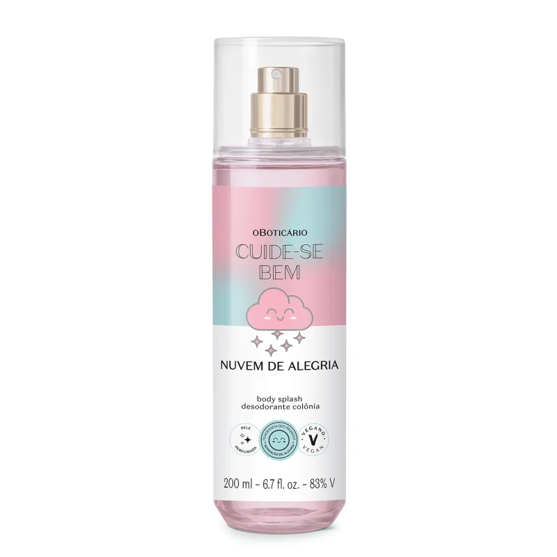 Frasco transparente com líquido lilás, pulverizador dourado e rótulo em tons de azul e rosa com nuvem sorridente ilustrada contendo 200ml de body splash Cuide-se Bem Nuvem de Alegria.
