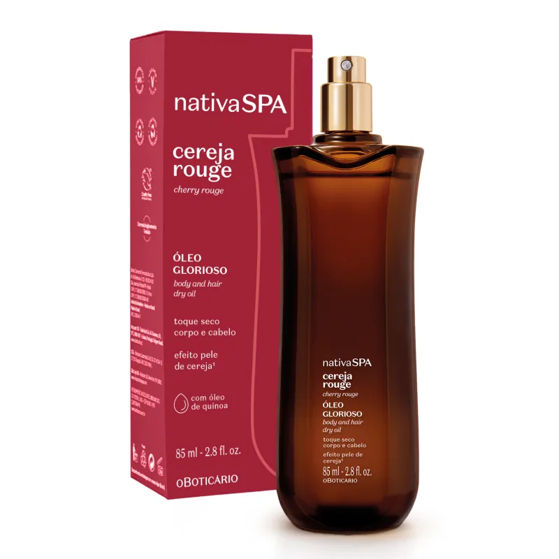 Frasco longo na cor vermelho escuro com borrifador dourado contendo 85ml de óleo multifuncional glorioso corpo e cabelos Nativa SPA Cereja Rouge ao lado de sua caixa na cor vermelha com letras brancas.