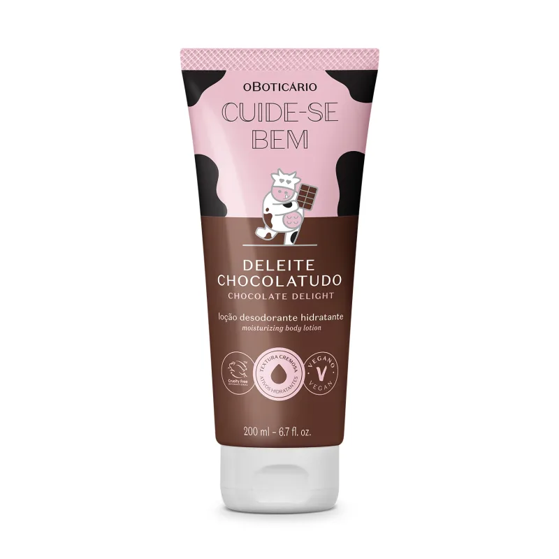 Frasco de loção hidratante corporal da marca Cuide-se Bem Deleite Chocolatudo, com bisnaga rosa e marrom, apresentando ilustração de vaca no rótulo.