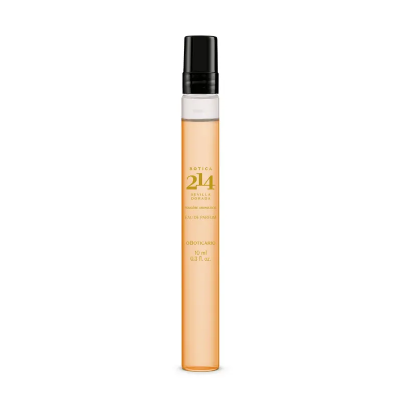 Vidro transparente em formato cilíndrico com tampa preta e líquido alaranjado contendo 10ml de Eau De Parfum Botica 214 Sevilla Dorada Fougére Aromático.