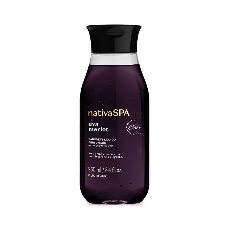 Frasco de 250 de sabonete líquido perfumado da marca Nativa SPA Uva Merlot, em embalagem transparente com sabonete roxo escuro, tampa preta e letras brancas e douradas.