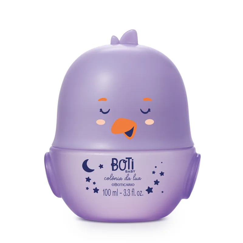 Frasco em forma de pintinho na cor roxa com detalhes laranja contendo 100ml de colônia Boti Baby Lua.