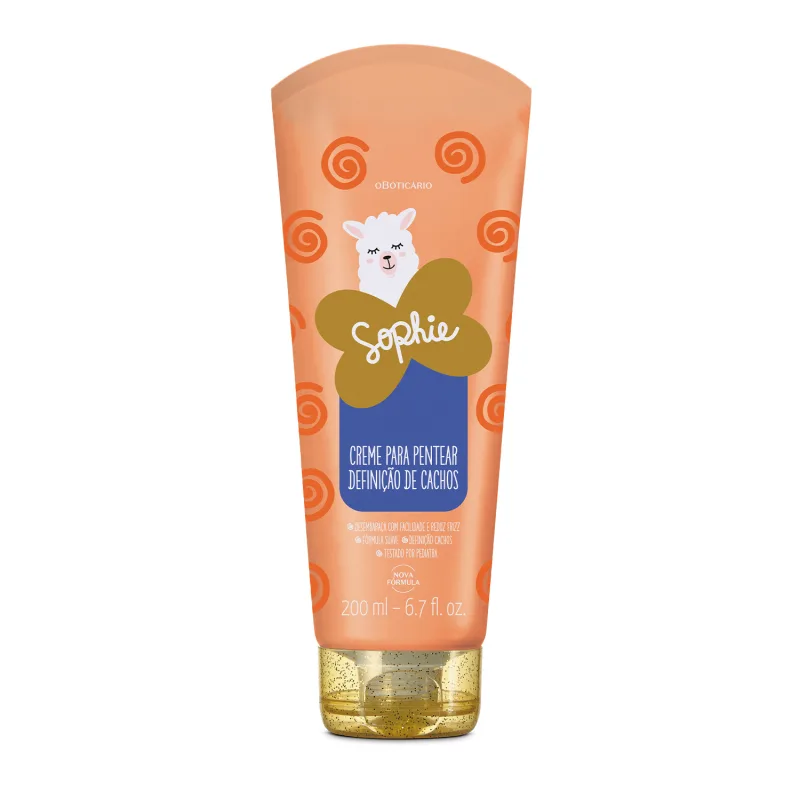 Imagem de creme para pentear com definição de cachos da marca Sophie, em embalagem de bisnaga laranja com ilustrações de espirais e um rosto de ovelha, com texto em azul e dourado.