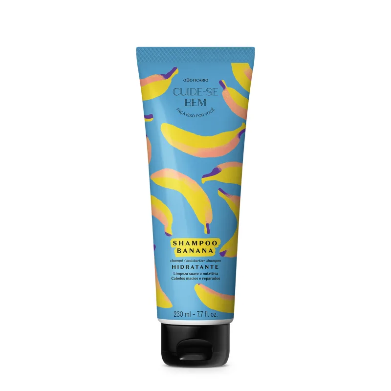 Imagem de frasco de shampoo hidratante da marca Cuide-se Bem Feira Banana, em embalagem azul com bananas ilustrando, contendo 230 ml do produto.