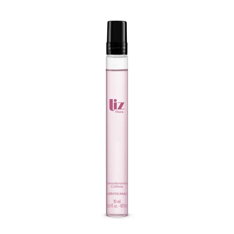 Frasco cilíndrico transparente com líquido claro, tampa preta e letras na cor vinho contendo 10ml de desodorante colônia Liz Flora.