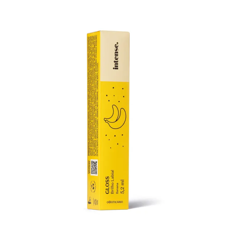Caixa amarela com letras pretas contendo um gloss brilho labial Intense Banana.