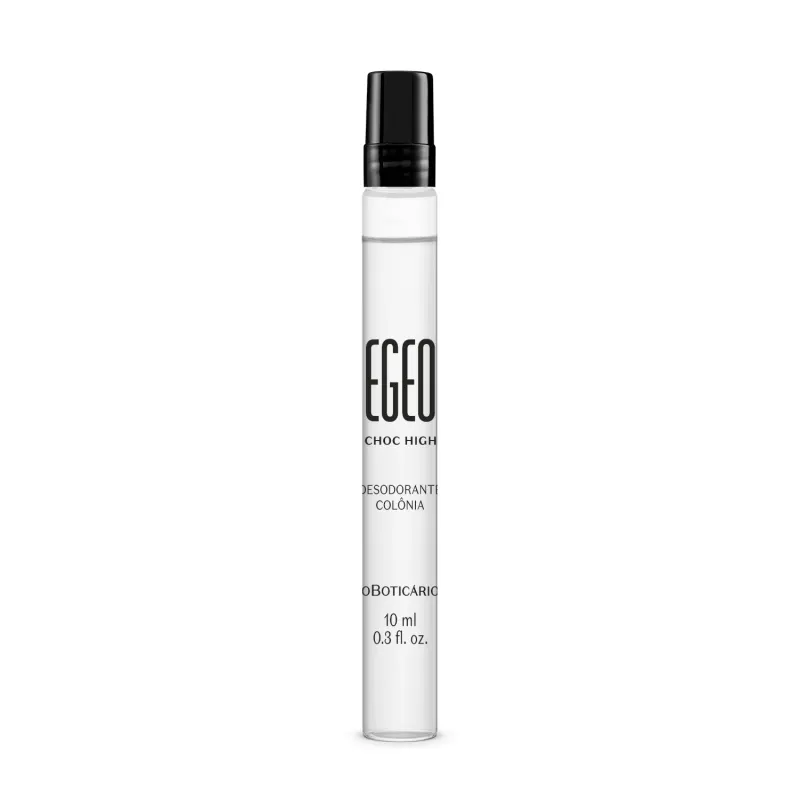 Vidro transparente em formato cilíndrico com tampa preta e letras pretas contendo 10ml de desodorante colônia Egeo Choc High.