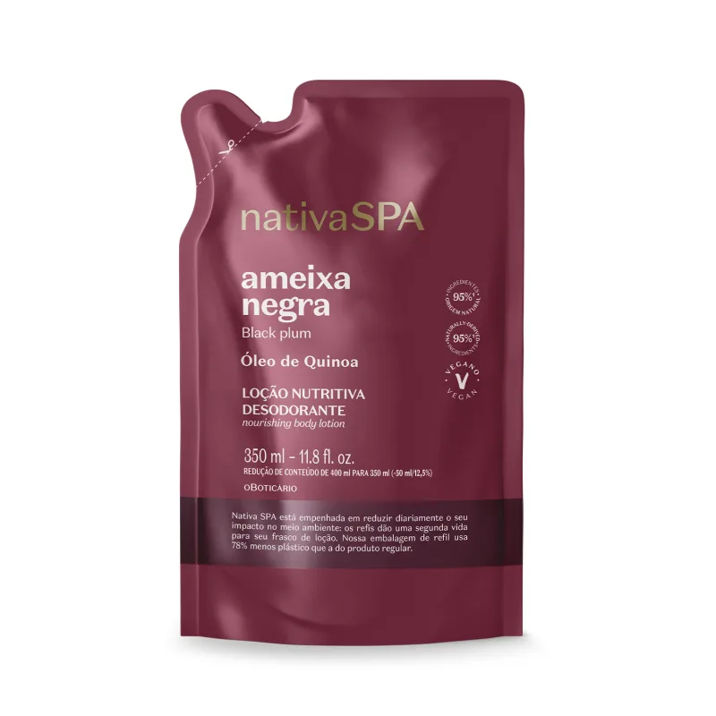 Imagem de um refil em sachê na cor vinho com rótulo em letras douradas e brancas contendo 350ml de loção hidratante desodorante corporal Nativa SPA Ameixa Negra.