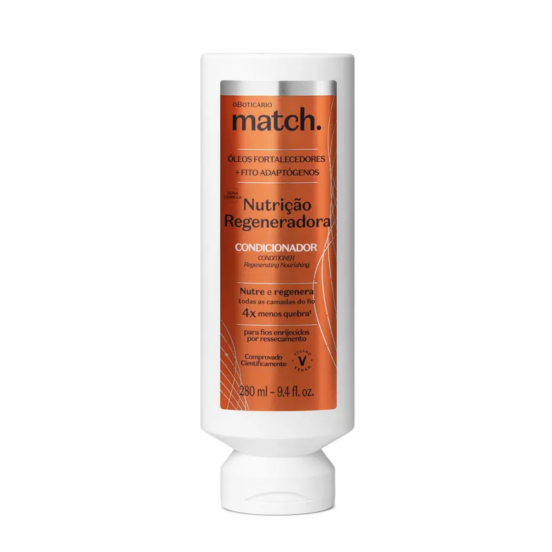 Imagem de frasco branco com rótulo laranja e prata da marca Match Nutrição Regeneradora, contendo condicionador regenerador para cabelos, com informações sobre nutrição e fortalecimento.