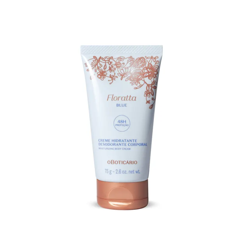 Bisnaga azul claro, letras azuis, detalhe floral e tampa na cor dourada contendo 75g de creme hidratante corporal Floratta Blue.
