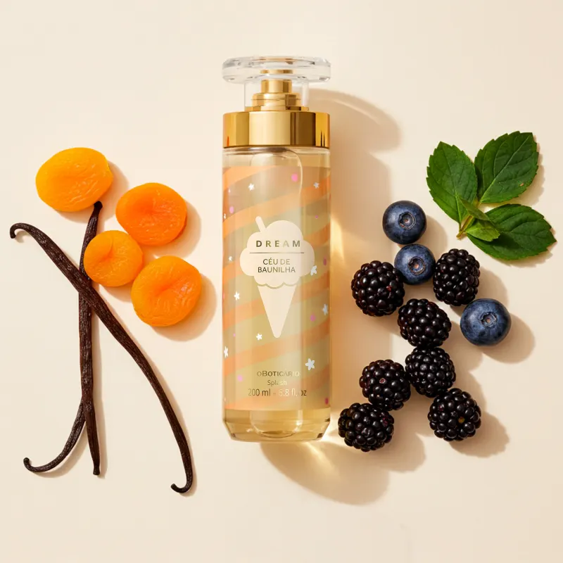 Imagem de um frasco de body splash da marca Dream Céu de Baunilha, com frasco e tampa dourada, rodeado por frutas cítricas, favas de baunilha e folhas verdes em um fundo claro. O cenário sugere cores vibrantes que evocam uma sensação de leveza e frescor.