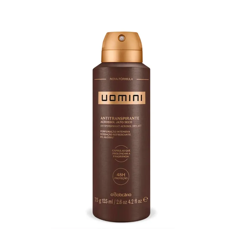 Frasco marrom com tampa e letras douradas contendo 75g/125ml de desodorante antitranspirante aerossol da marca Uomini.