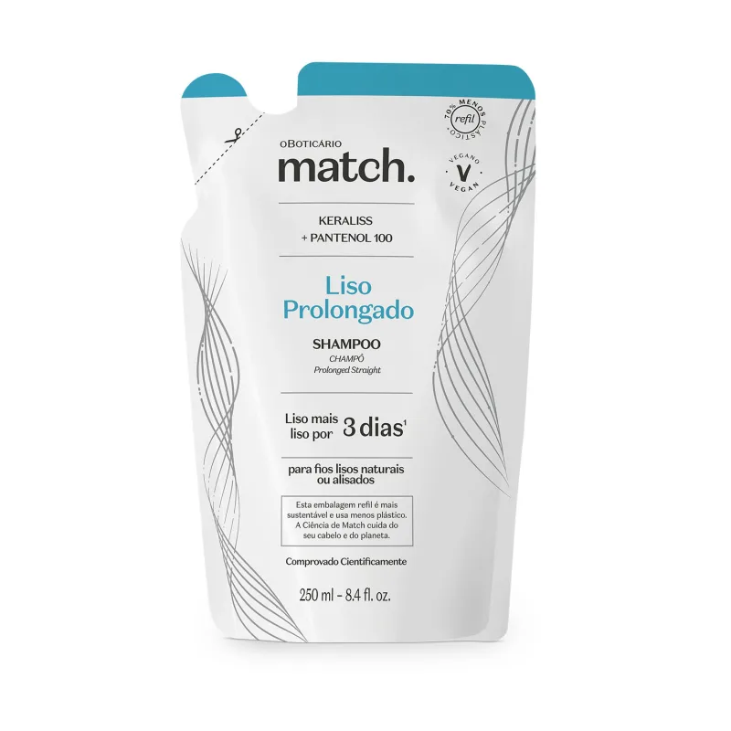 Refil de shampoo Match Liso Prolongado em sachê de 250ml nas cores azul e branca com letras pretas.